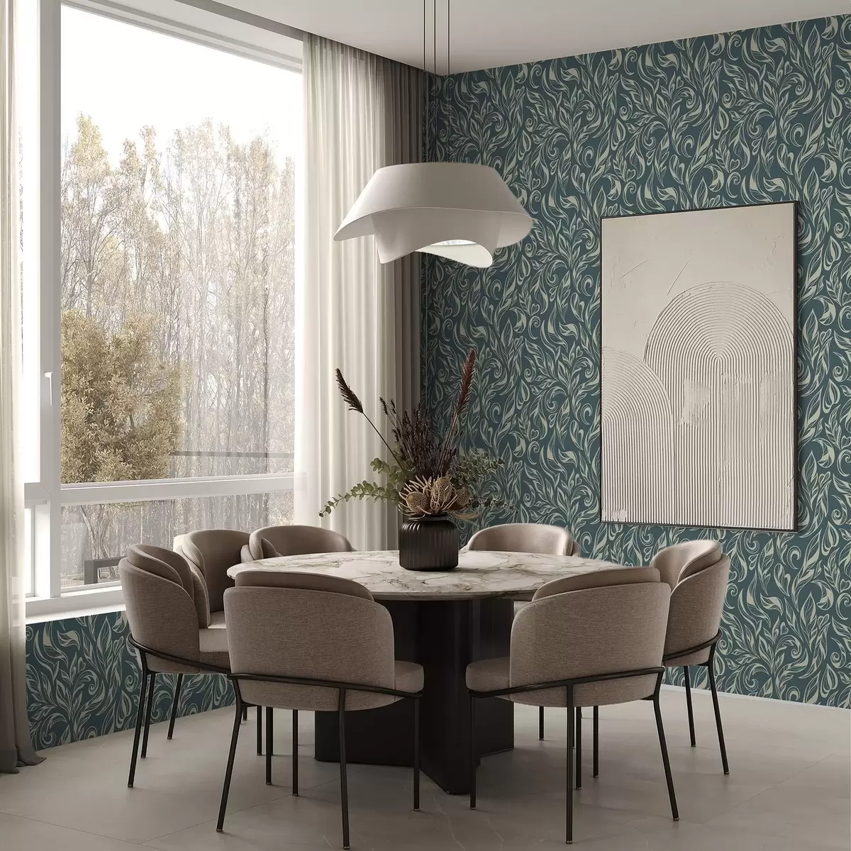 Papier peint Motif feuillu composé de lignes claires sur fond bleu-gris a00940