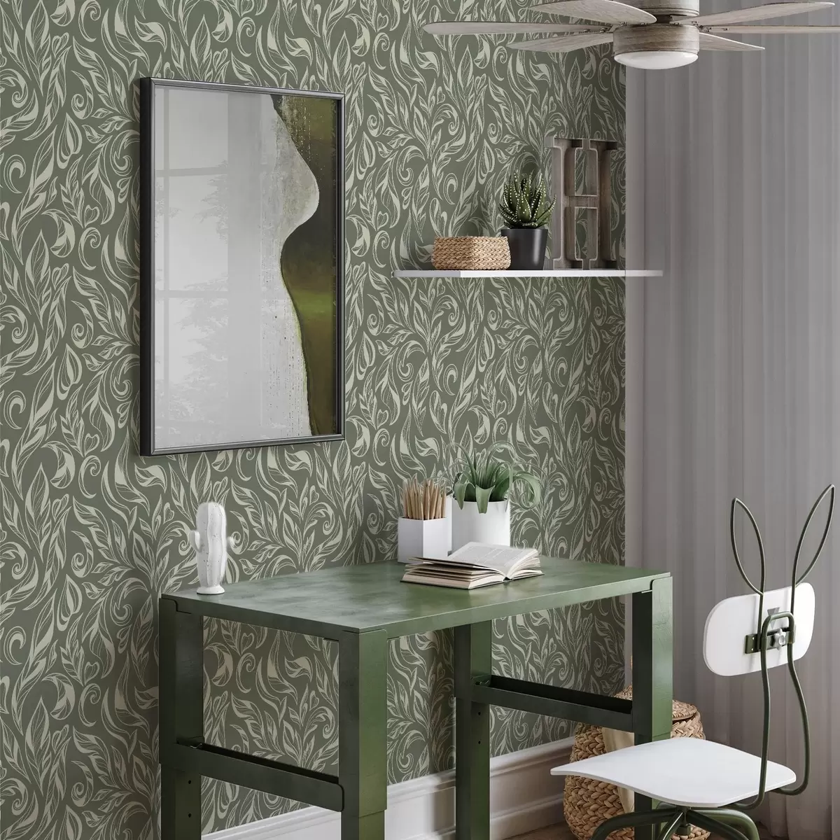 Papier peint Ornement feuillu crème sur fond gris verdâtre a00940v2