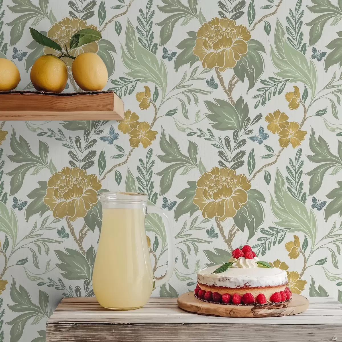 Papier peint Grandes pivoines jaunes et verdure sur fond clair a00941