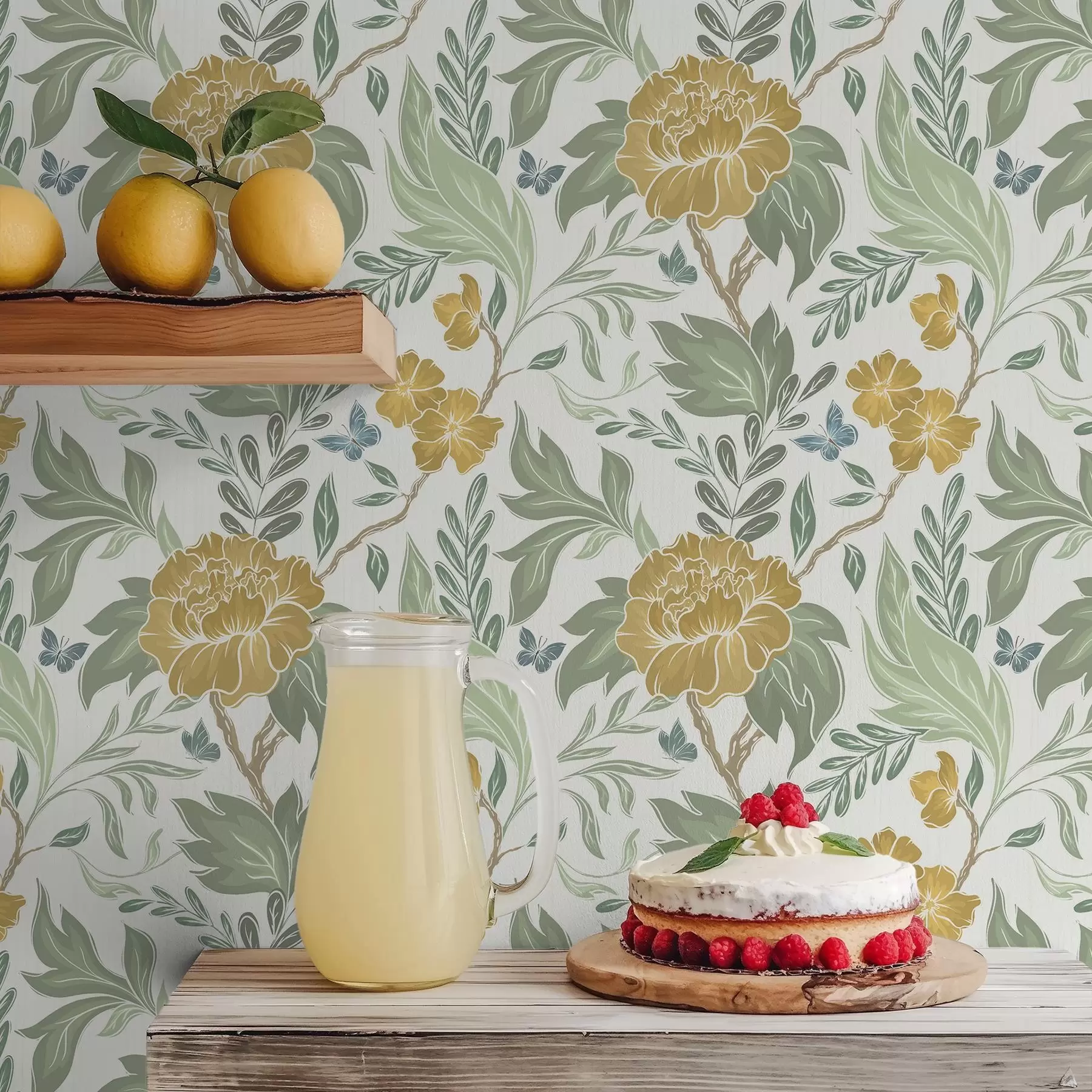 Papier peint Grandes pivoines jaunes et verdure sur fond clair a00941