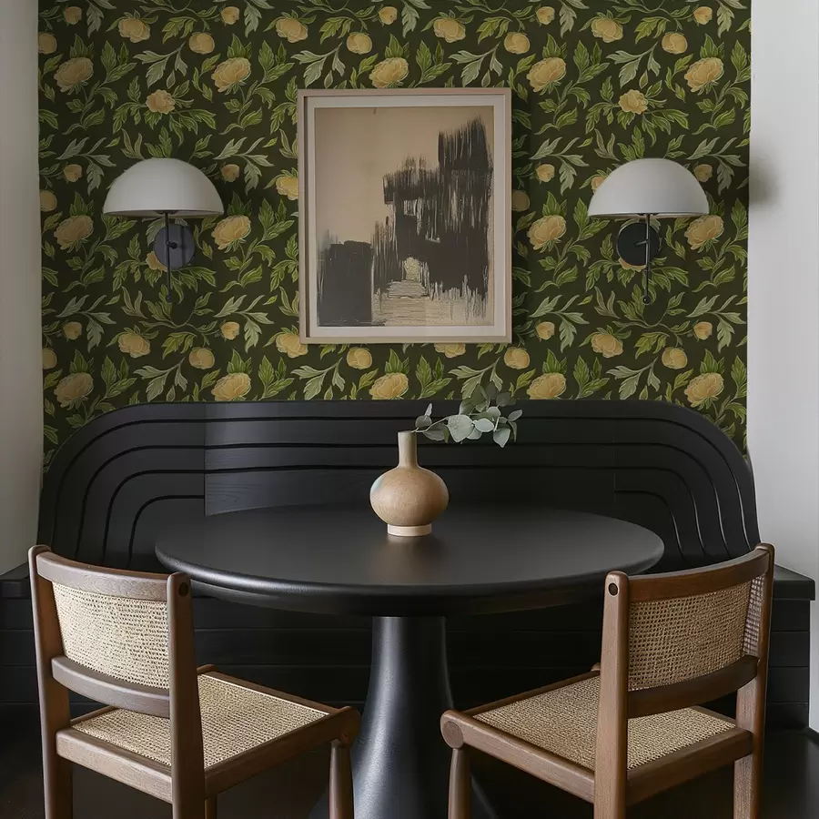 Papier peint Pivoines jaunes sur fond vert foncé intense a00942v1