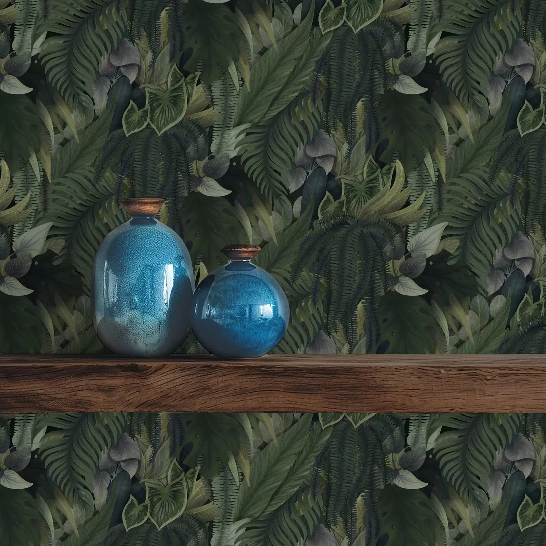 Papier peint Végétation tropicale dense dans des fourrés d'un vert profond a00943