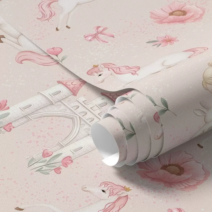 Papier peint Licornes roses, petites filles et château sur un fond doux a00957