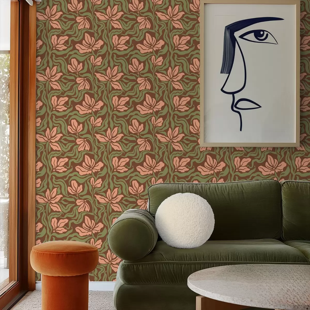 Papier peint Fleurs de pêcher et verdure sur fond brun foncé a00958v2