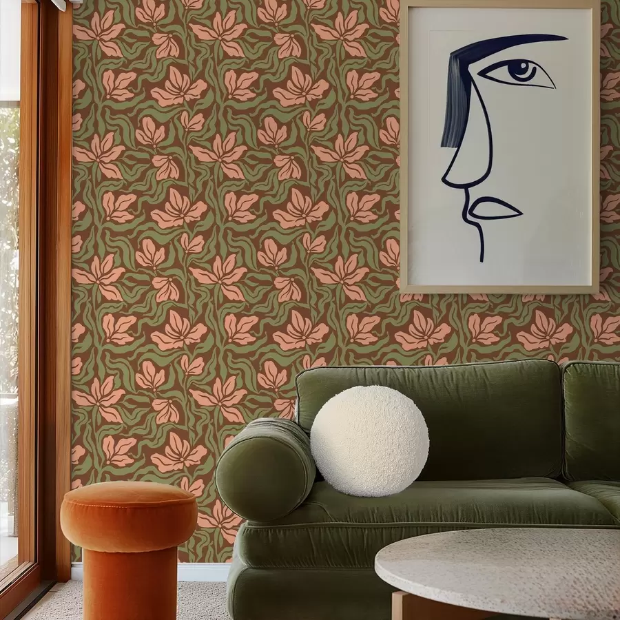 Papier peint Fleurs de pêcher et verdure sur fond brun foncé a00958v2