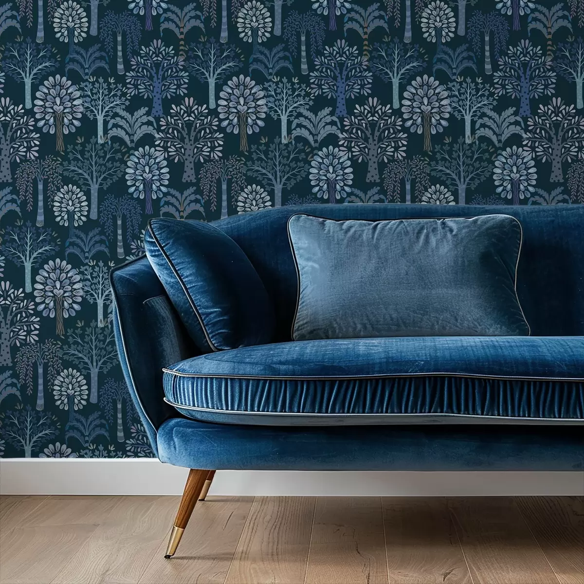 Papier peint Forêt nocturne avec des arbres décoratifs dans des tons bleus a00960v2