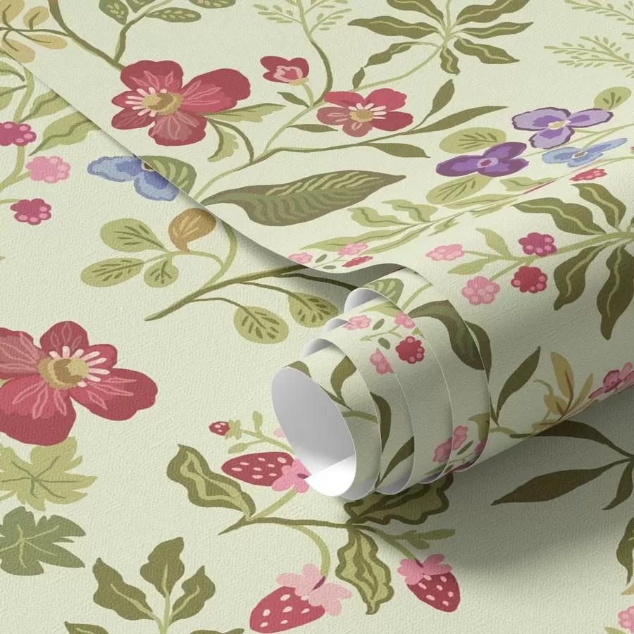 Papier peint Jardin fleuri avec baies, raisins et fleurs sauvages a00961