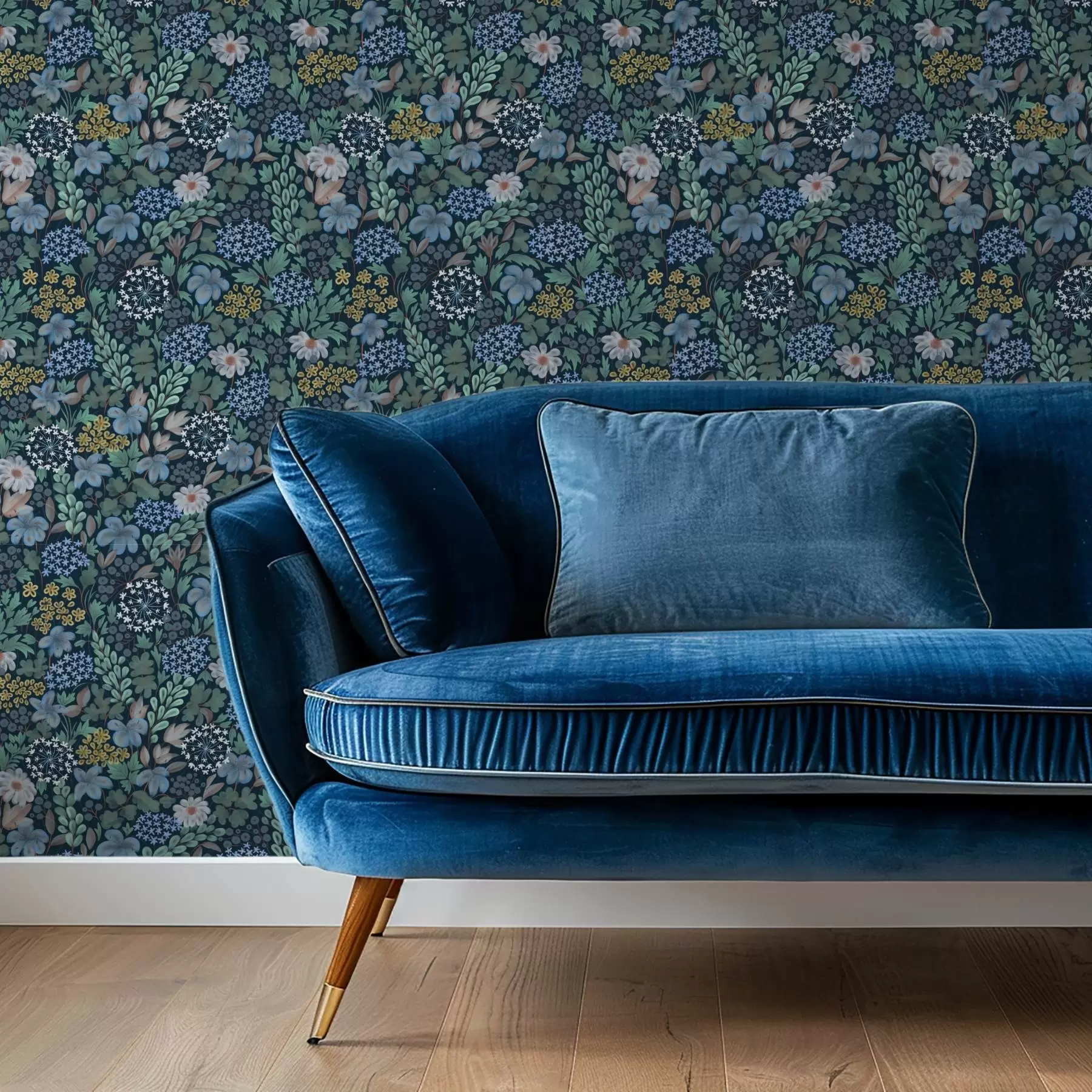 Papier peint Jardin nocturne avec lys bleus, baies et végétation sauvage a00996
