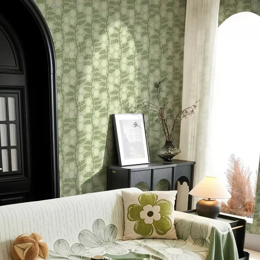 Papier peint Tiges vert sauge avec fleurs duveteuses ivoire et pois a00997v2