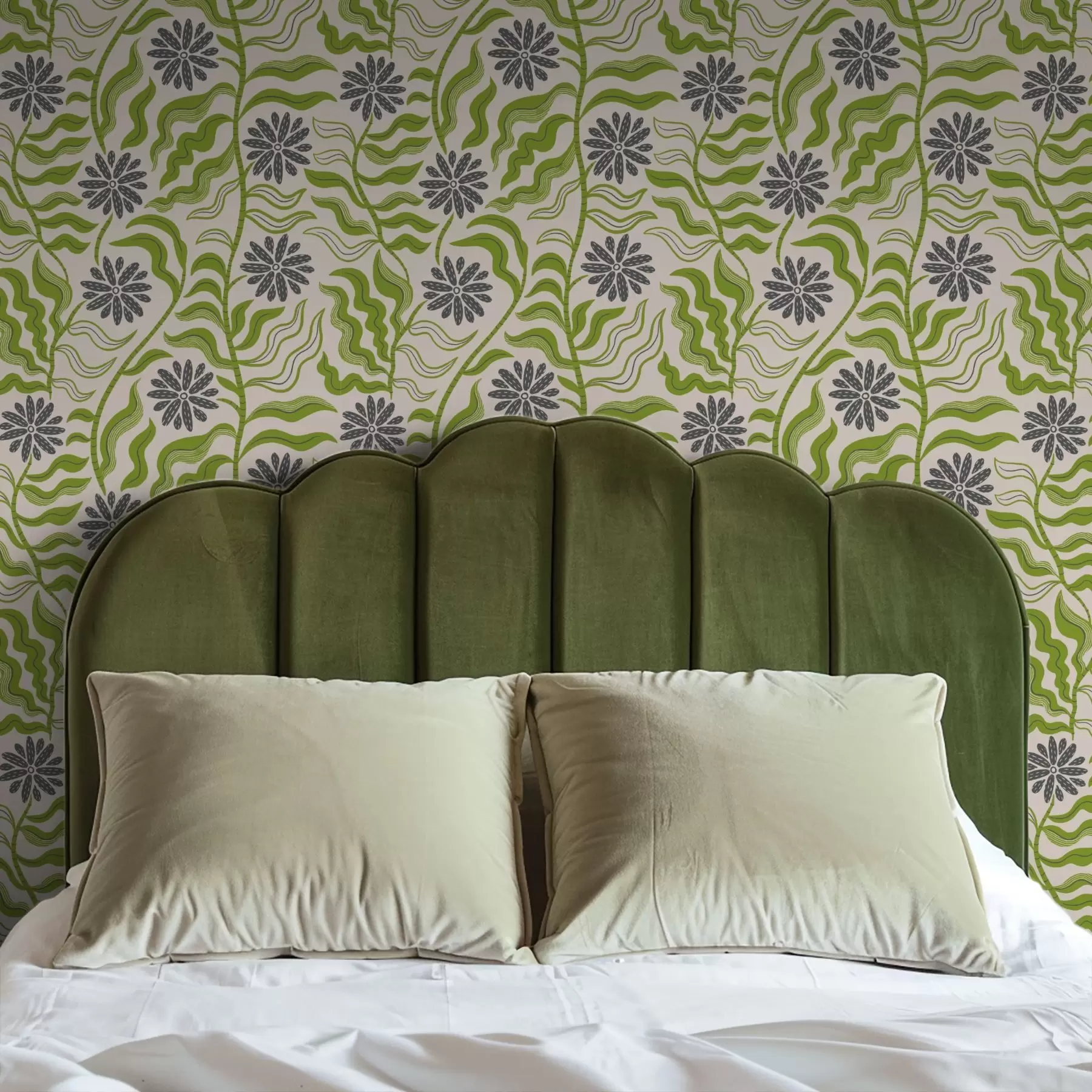 Papier peint Marguerites vertes espiègles aux feuilles ondulées sur fond crème a00998