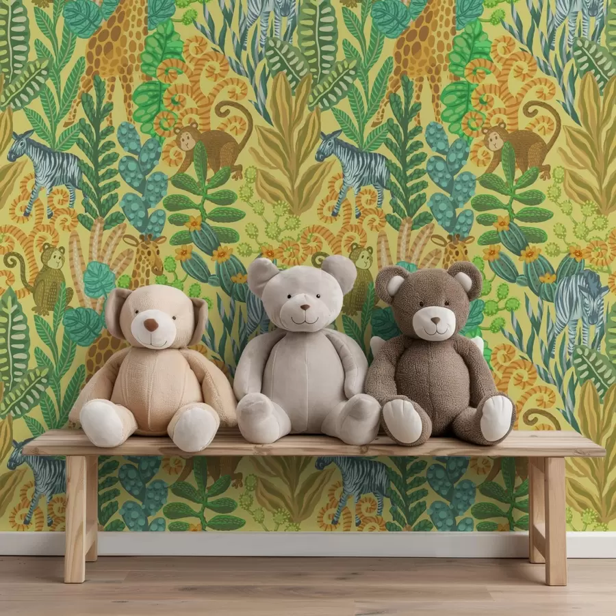 Papier peint Girafe, zèbre et singe dans une savane jaune vif a01000v1