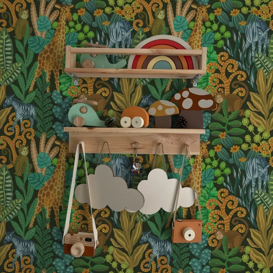 Papier peint Jungle dense avec des animaux sur fond vert foncé a01000v2