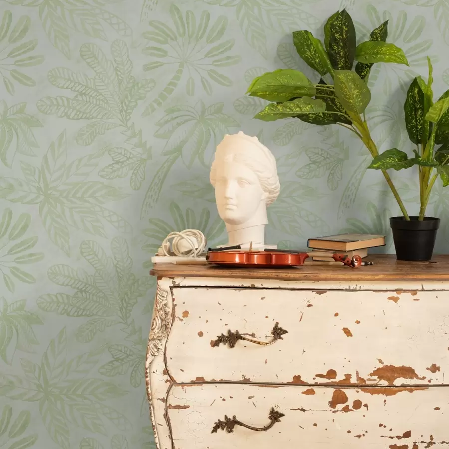 Papier peint Feuilles tropicales esquissées dans des tons vert clair frais a01001v1