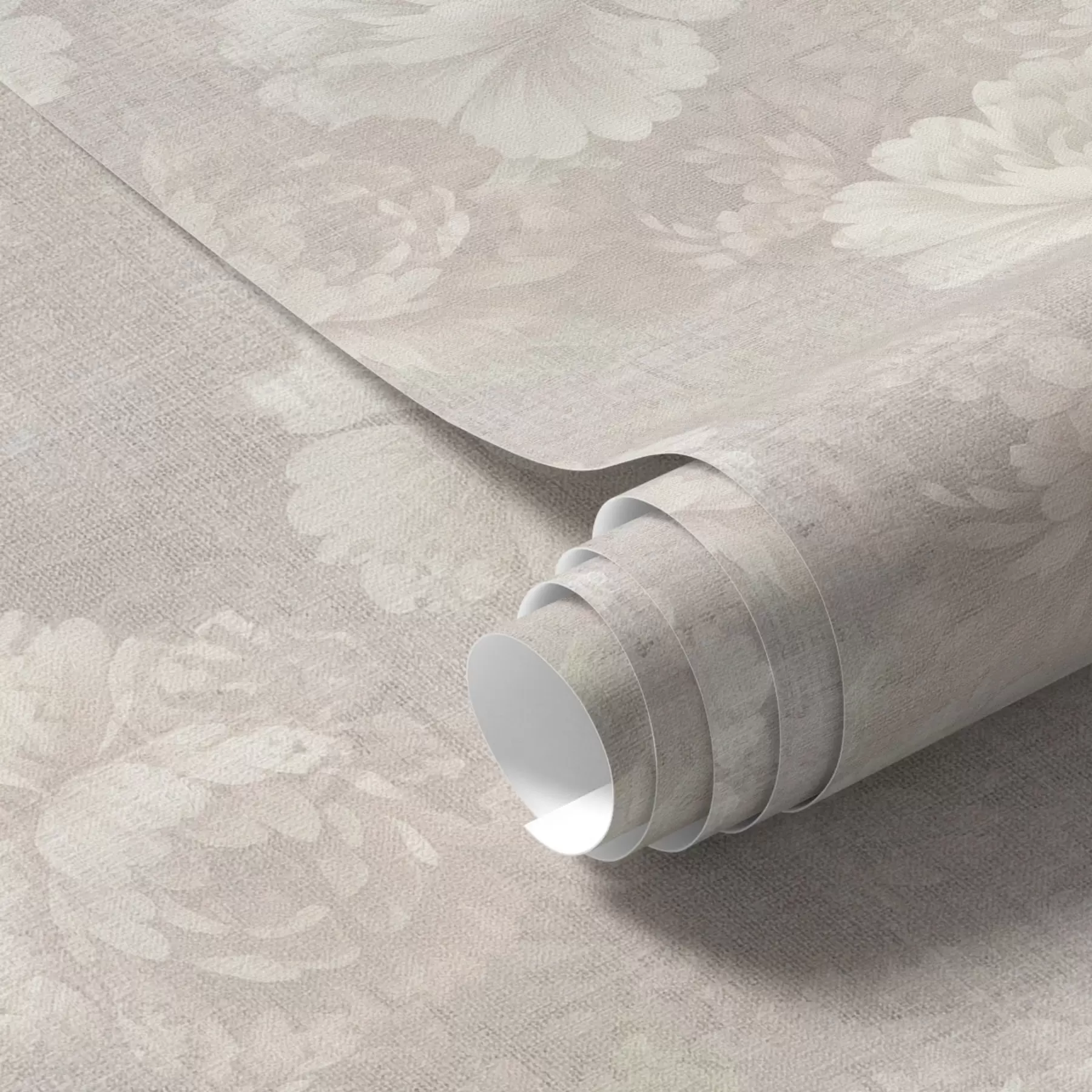 Papier peint Pivoines fanées sur texture lin dans une palette beige doux a01018