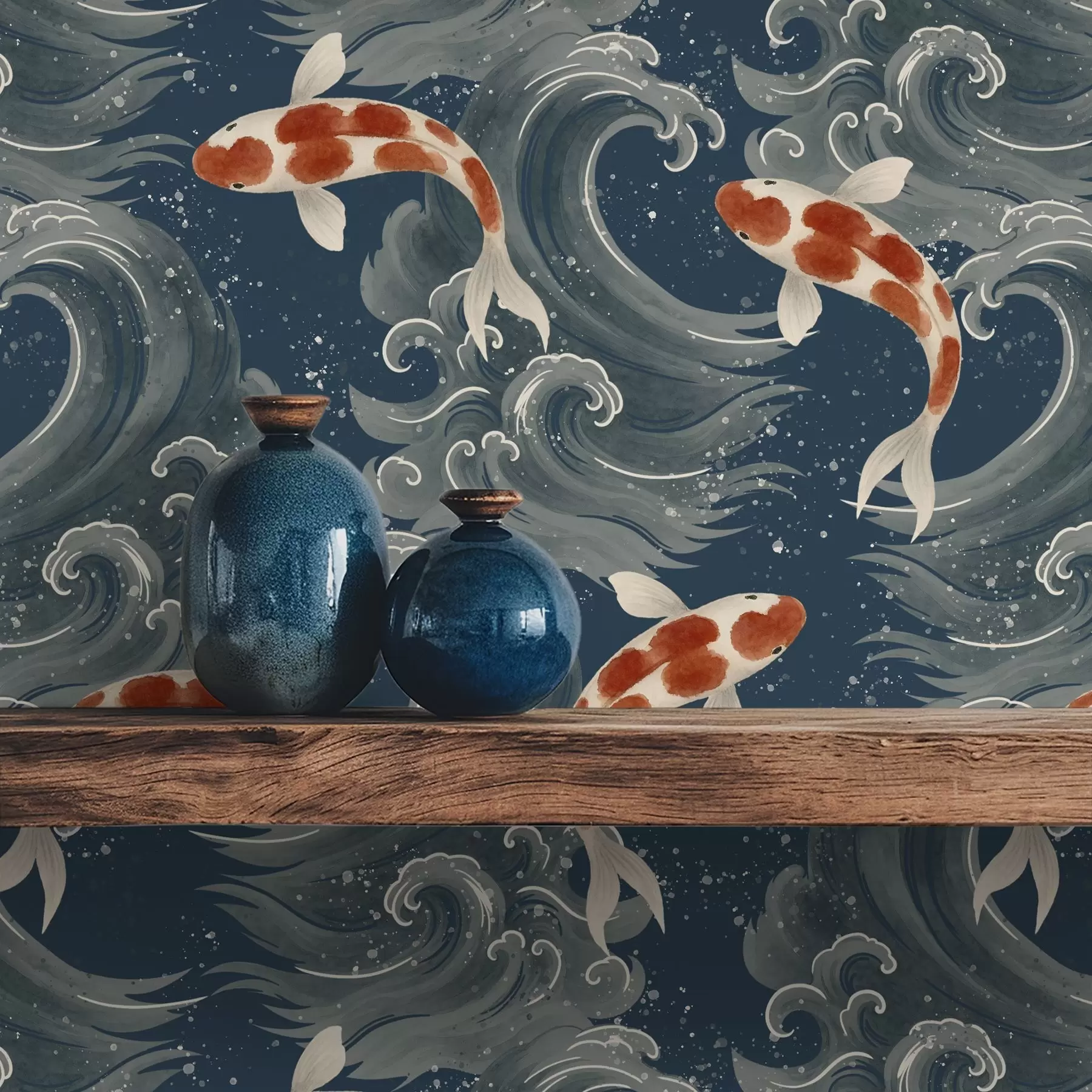 Papier peint Des carpes koï nageant parmi les vagues spectaculaires de l'océan a01019