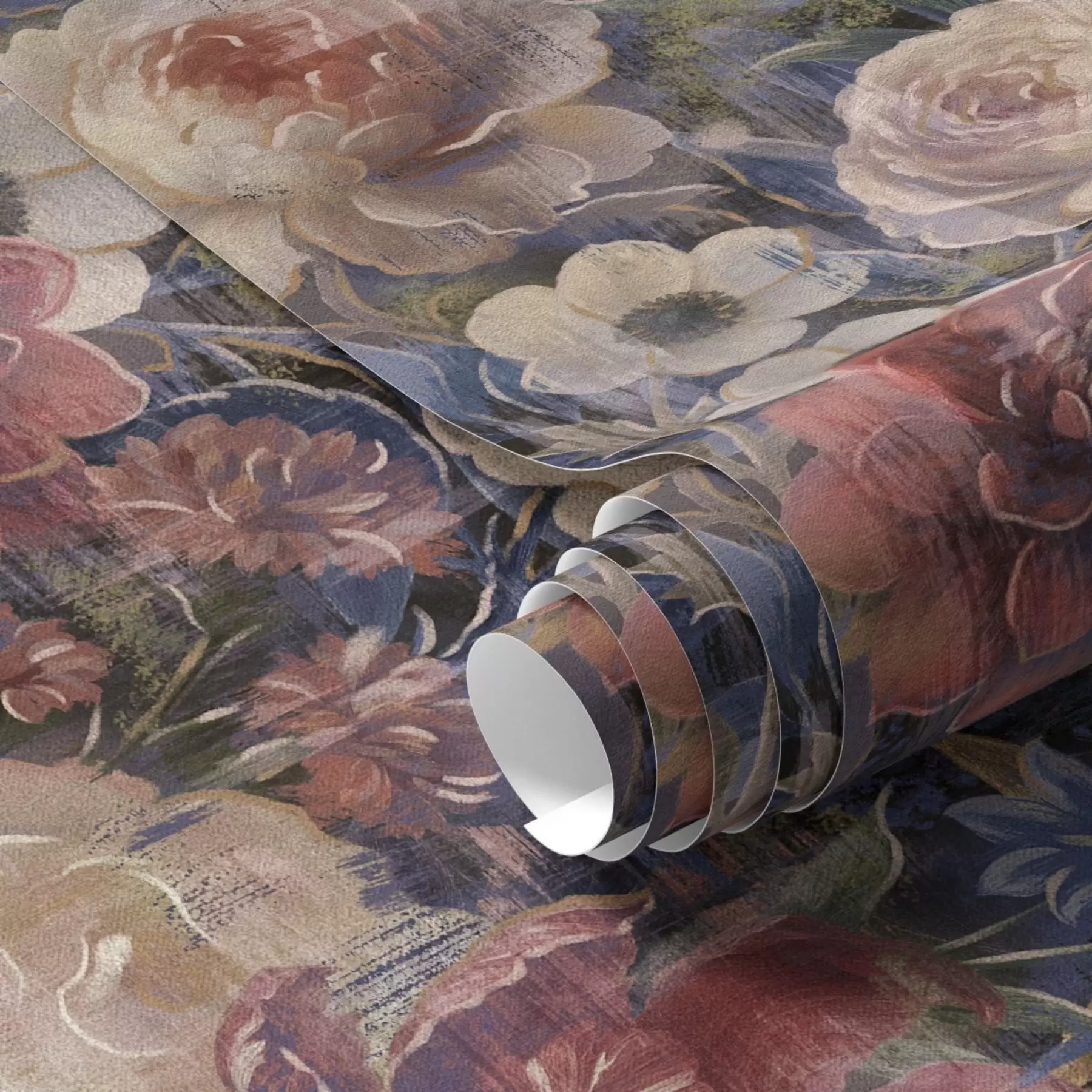 Papier peint Bouquet pictural de grandes fleurs sur fond indigo foncé a01021