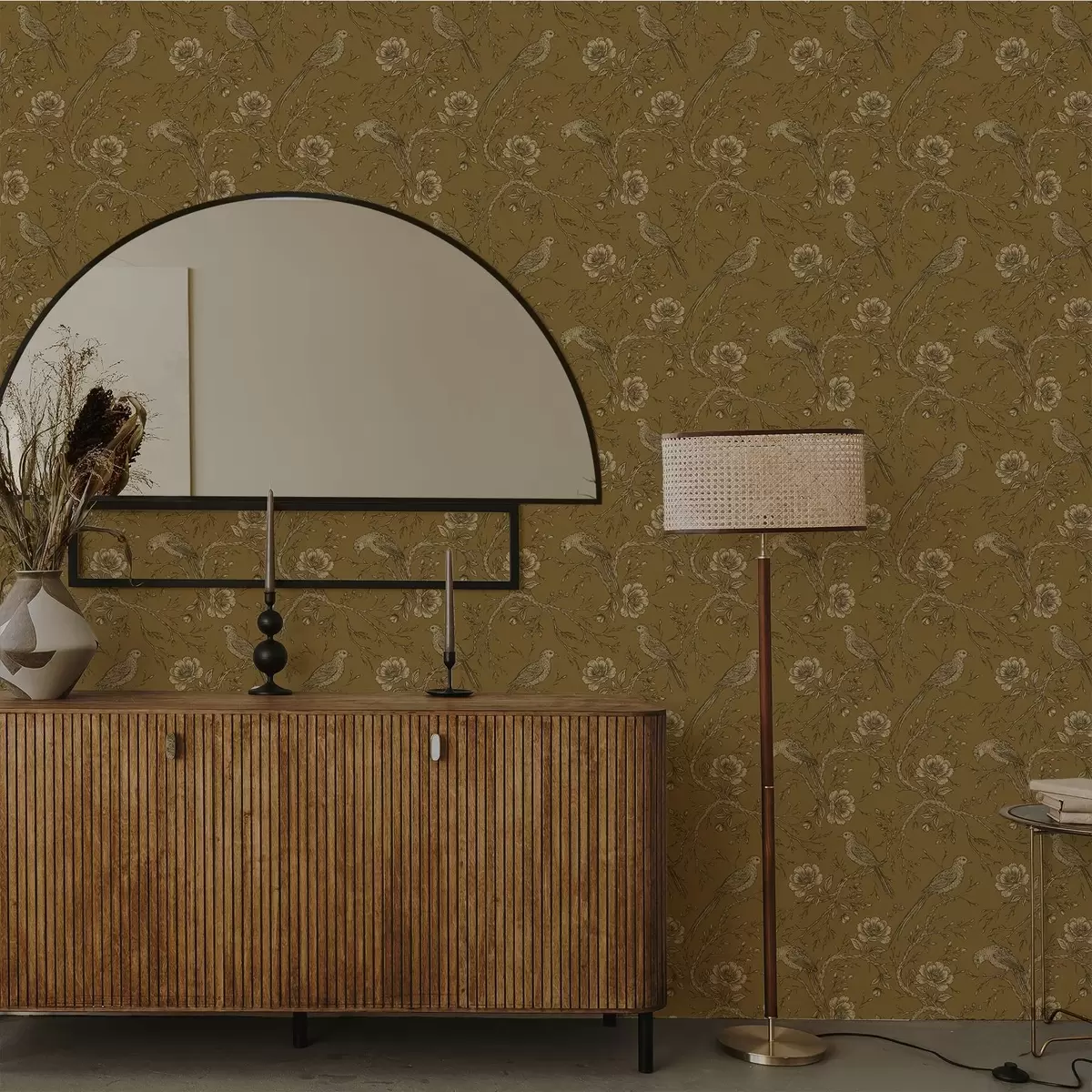 Papier peint Oiseaux et fleurs vintage sur un fond olive chaleureux a01022v1