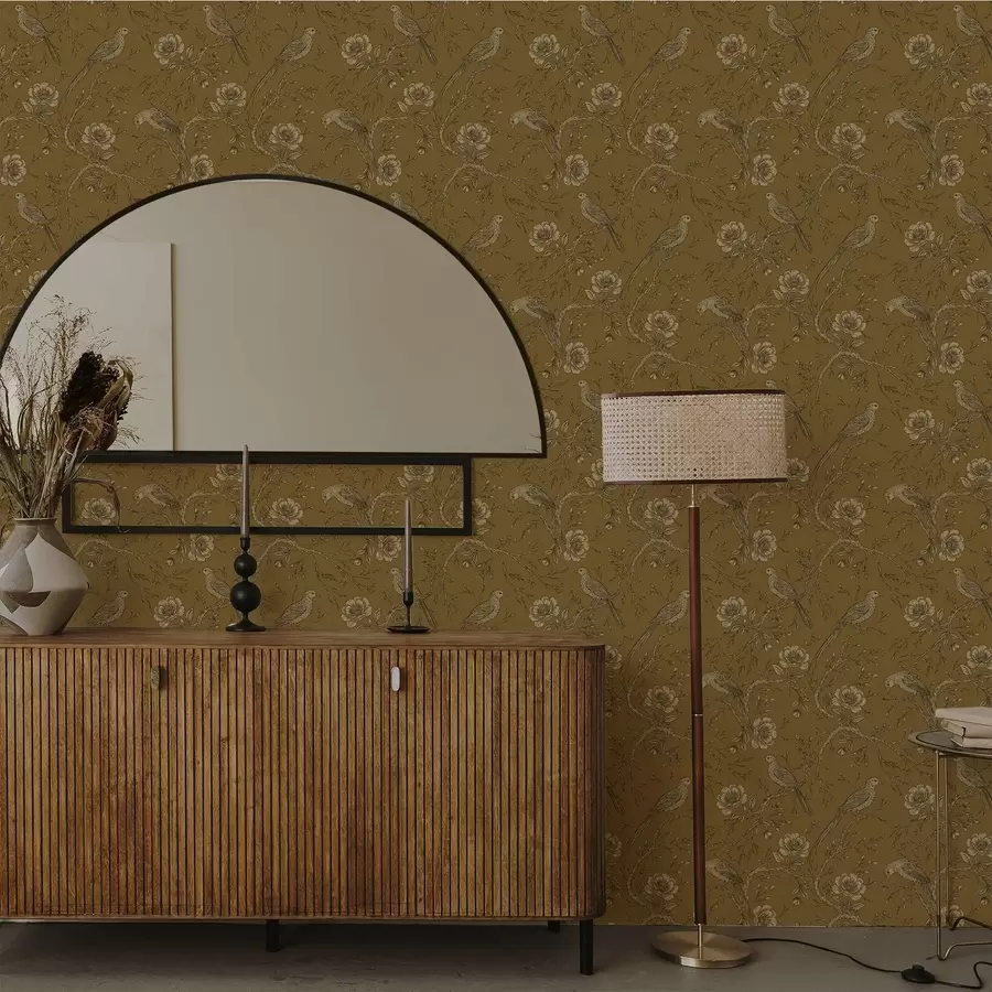 Papier peint Oiseaux et fleurs vintage sur un fond olive chaleureux a01022v1