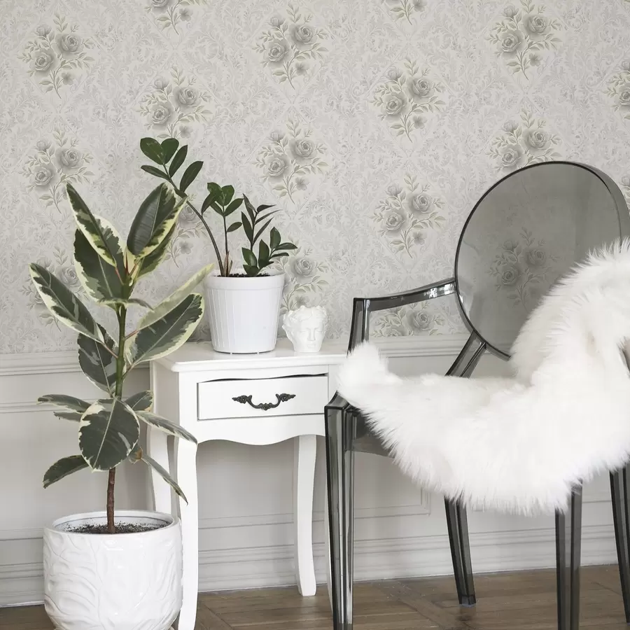 Papier peint Motif damassé clair avec des roses grises dans des losanges doux a01024