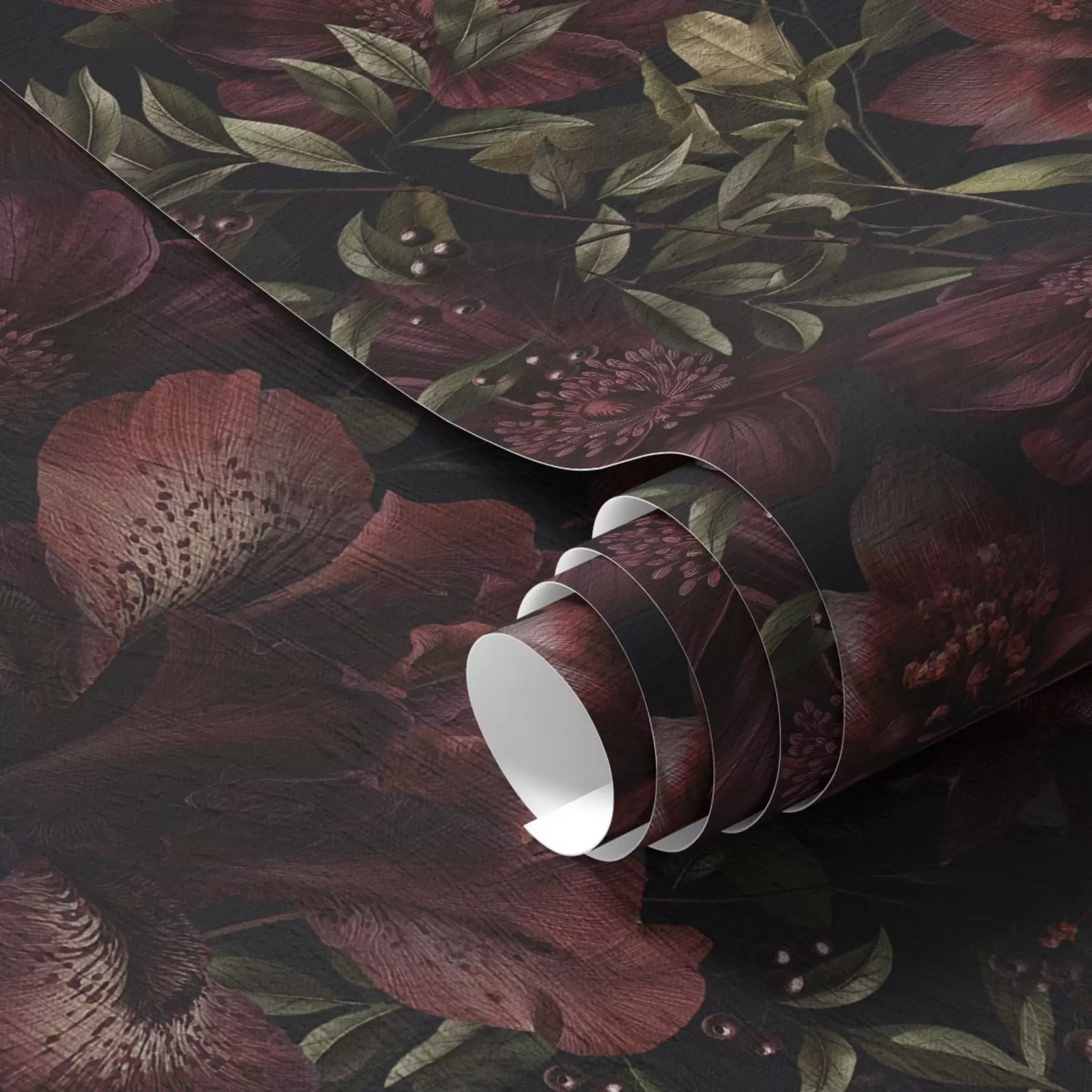 Papier peint Riches fleurs bordeaux sur fond sombre a01032