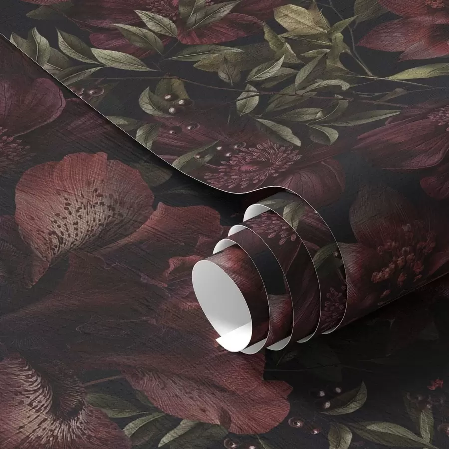 Papier peint Riches fleurs bordeaux sur fond sombre a01032