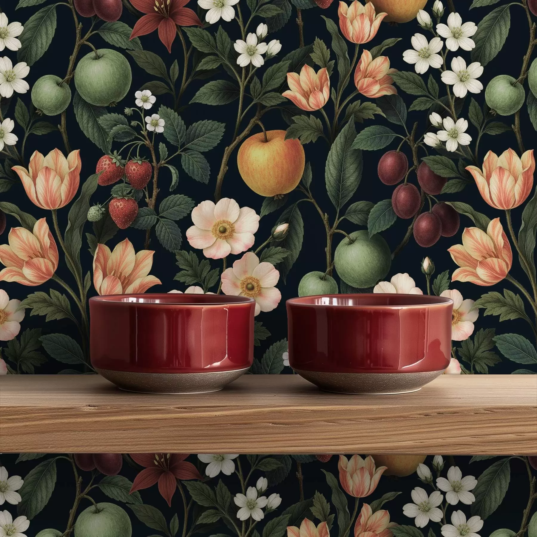 Papier peint Jardin sombre avec des fleurs, des pommes mûres et des baies a01034