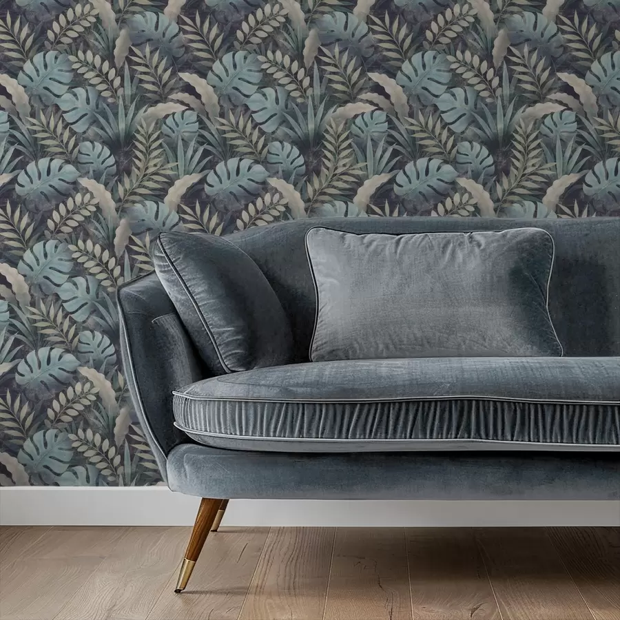 Papier peint Feuillage tropical dans des tons bleu-vert frais a01035