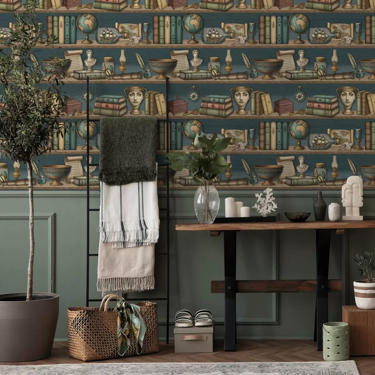 Papier peint Étagères vintage avec des livres, un globe terrestre et des curiosités marines a01036