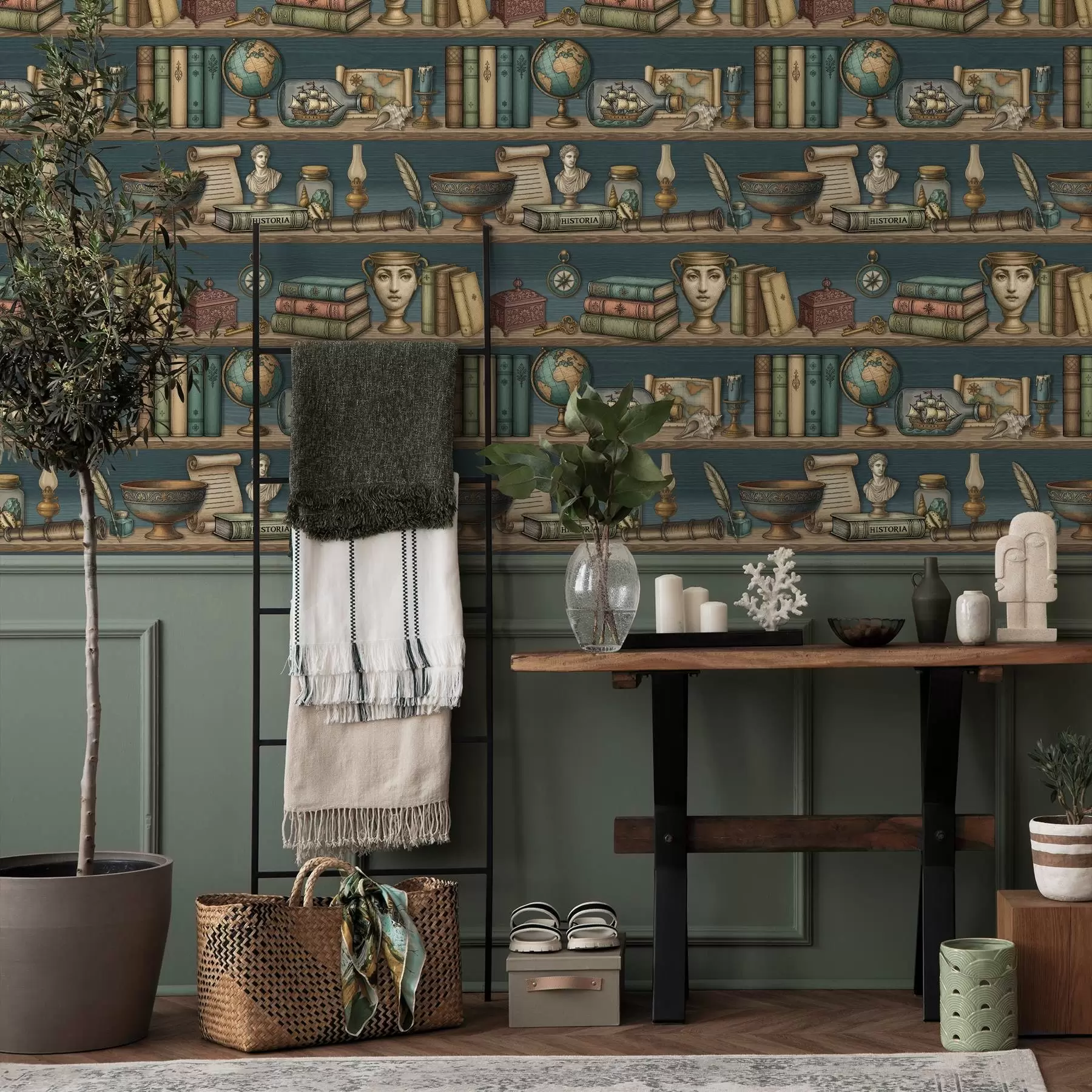 Papier peint Étagères vintage avec des livres, un globe terrestre et des curiosités marines a01036