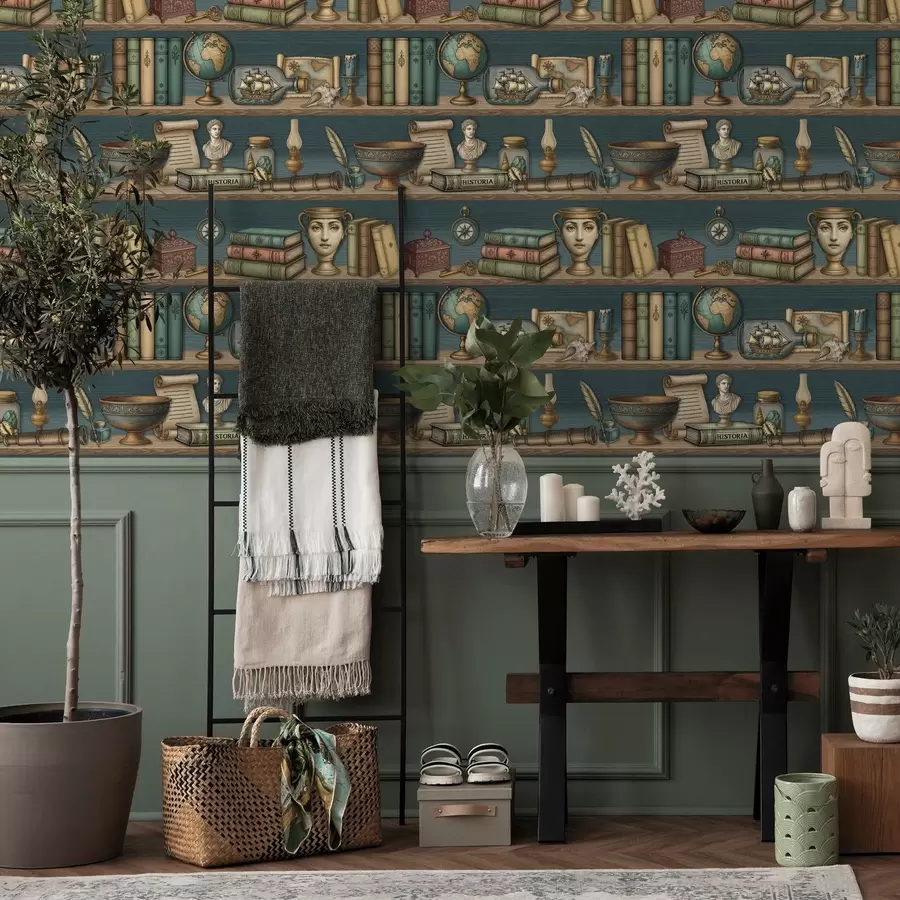 Papier peint Étagères vintage avec des livres, un globe terrestre et des curiosités marines a01036