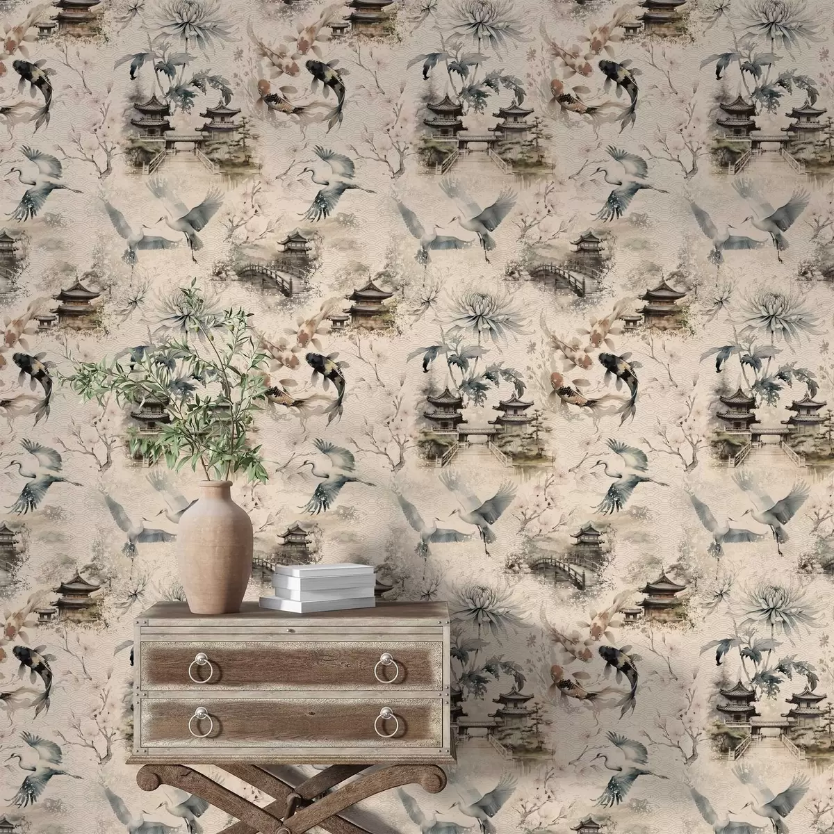 Papier peint Temples japonais, carpes koï et grues sur un fond doux a01040