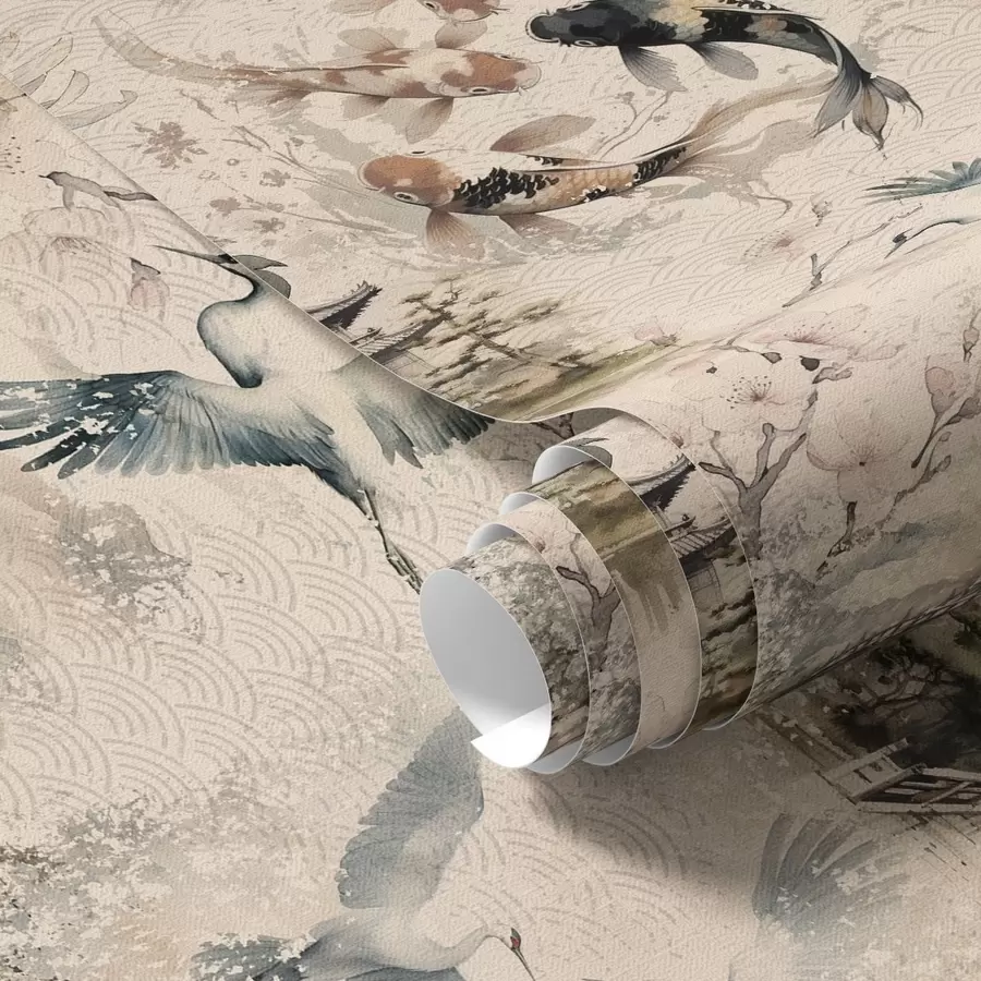 Papier peint Temples japonais, carpes koï et grues sur un fond doux a01040