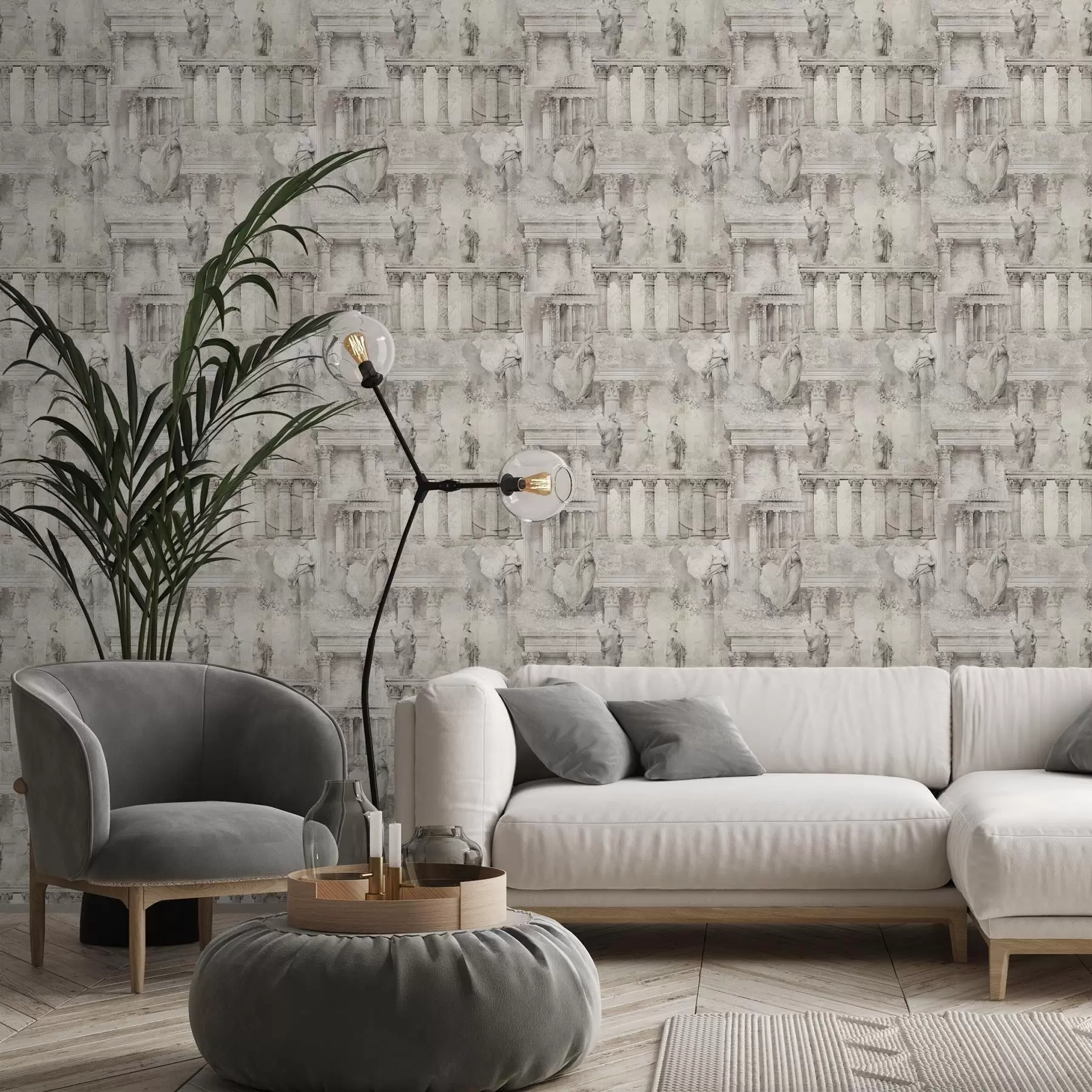 Papier peint Statues et colonnes antiques dans des tons doux beige-gris a01041