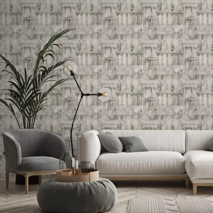 Papier peint Statues et colonnes antiques dans des tons doux beige-gris a01041