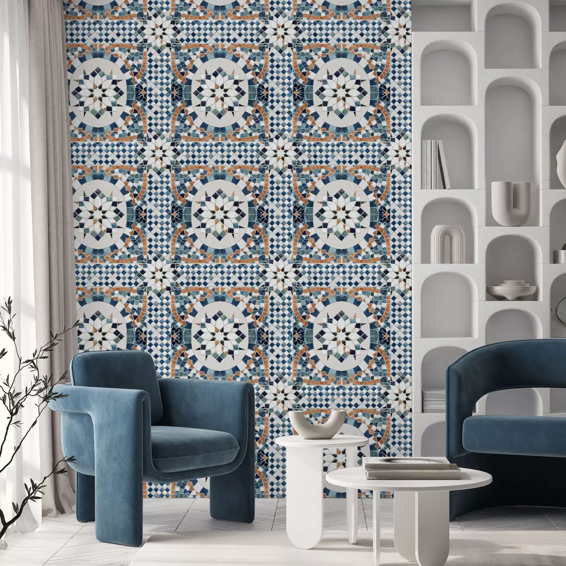 Papier peint Mosaïque marocaine lumineuse dans les tons bleu-turquoise a01043