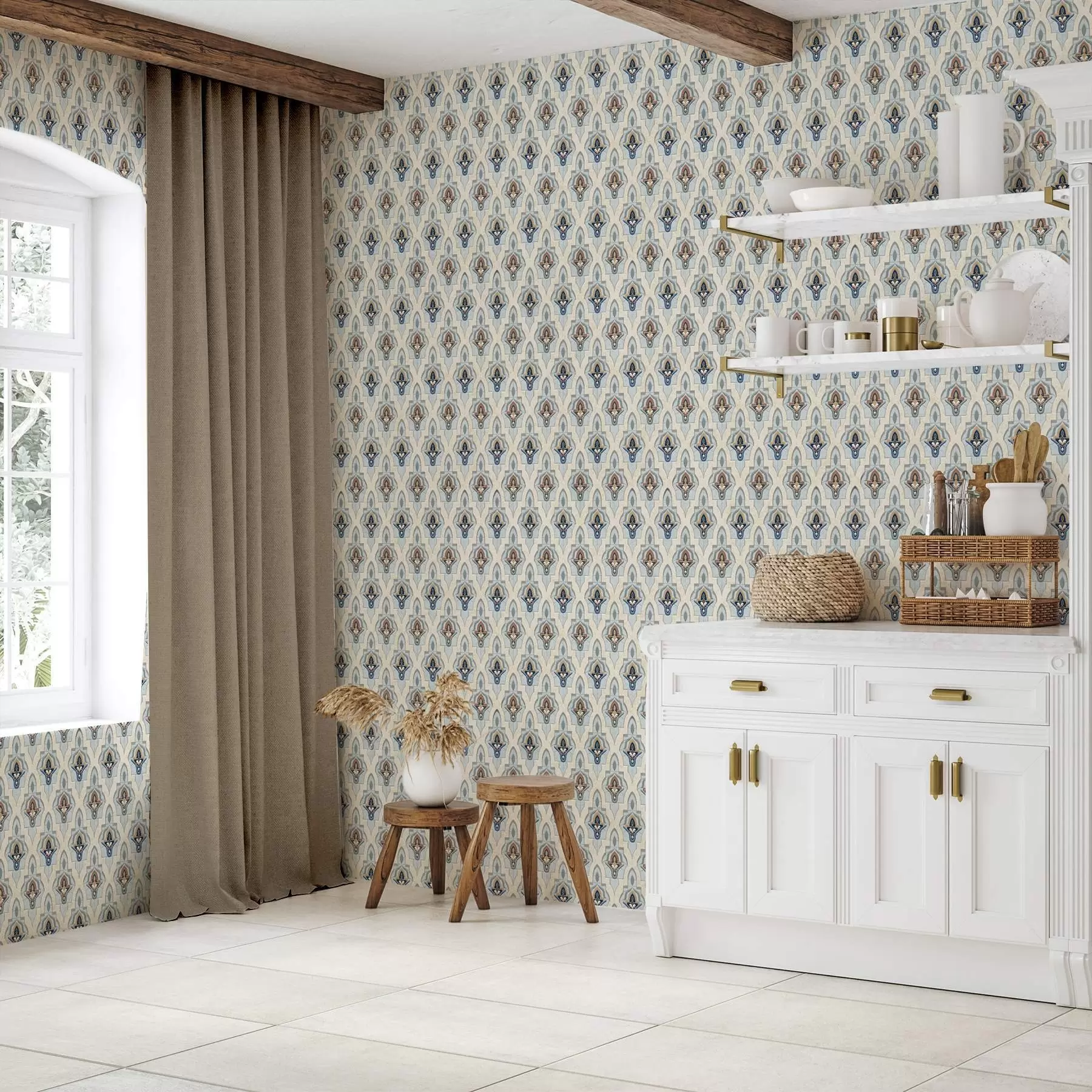 Papier peint Motif oriental composé de petits carreaux dans une palette bleu sable a01044