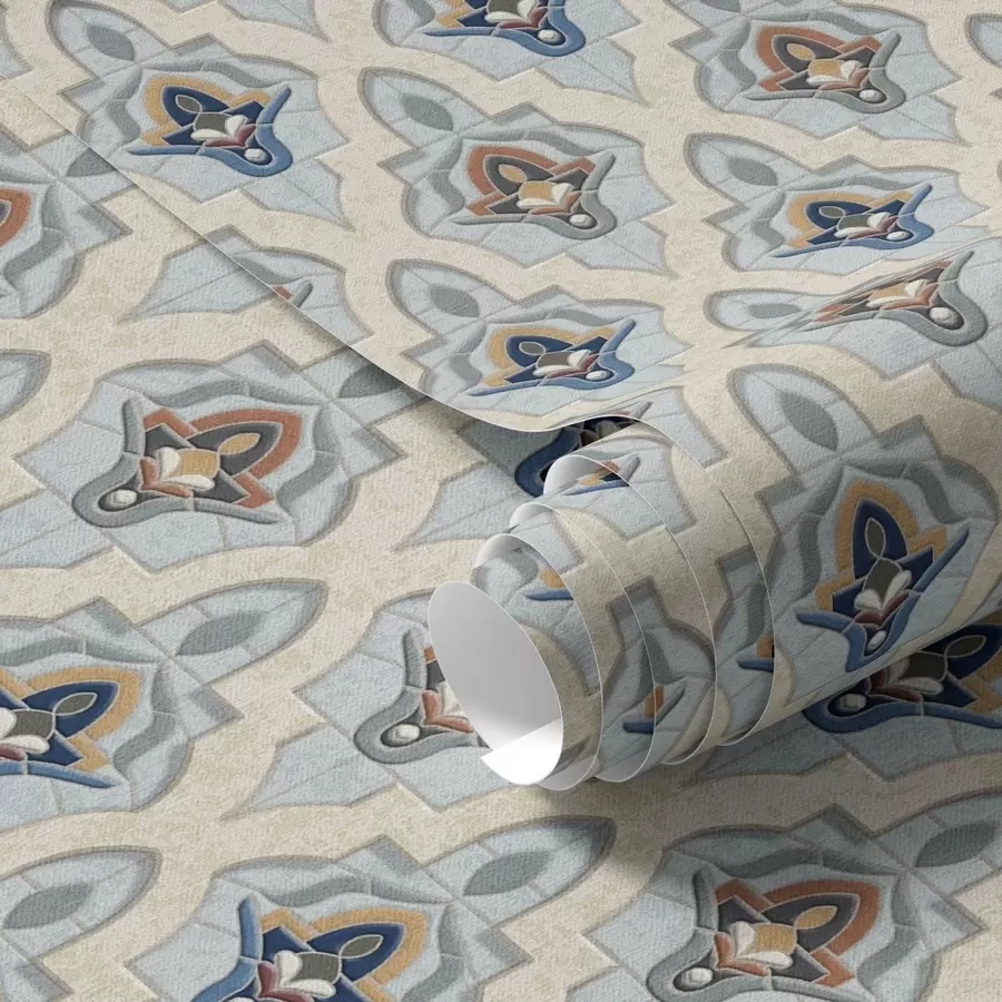 Papier peint Motif oriental composé de petits carreaux dans une palette bleu sable a01044