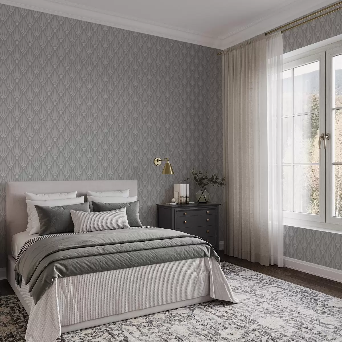 Papier peint Art déco gris avec des formes en éventail a01064