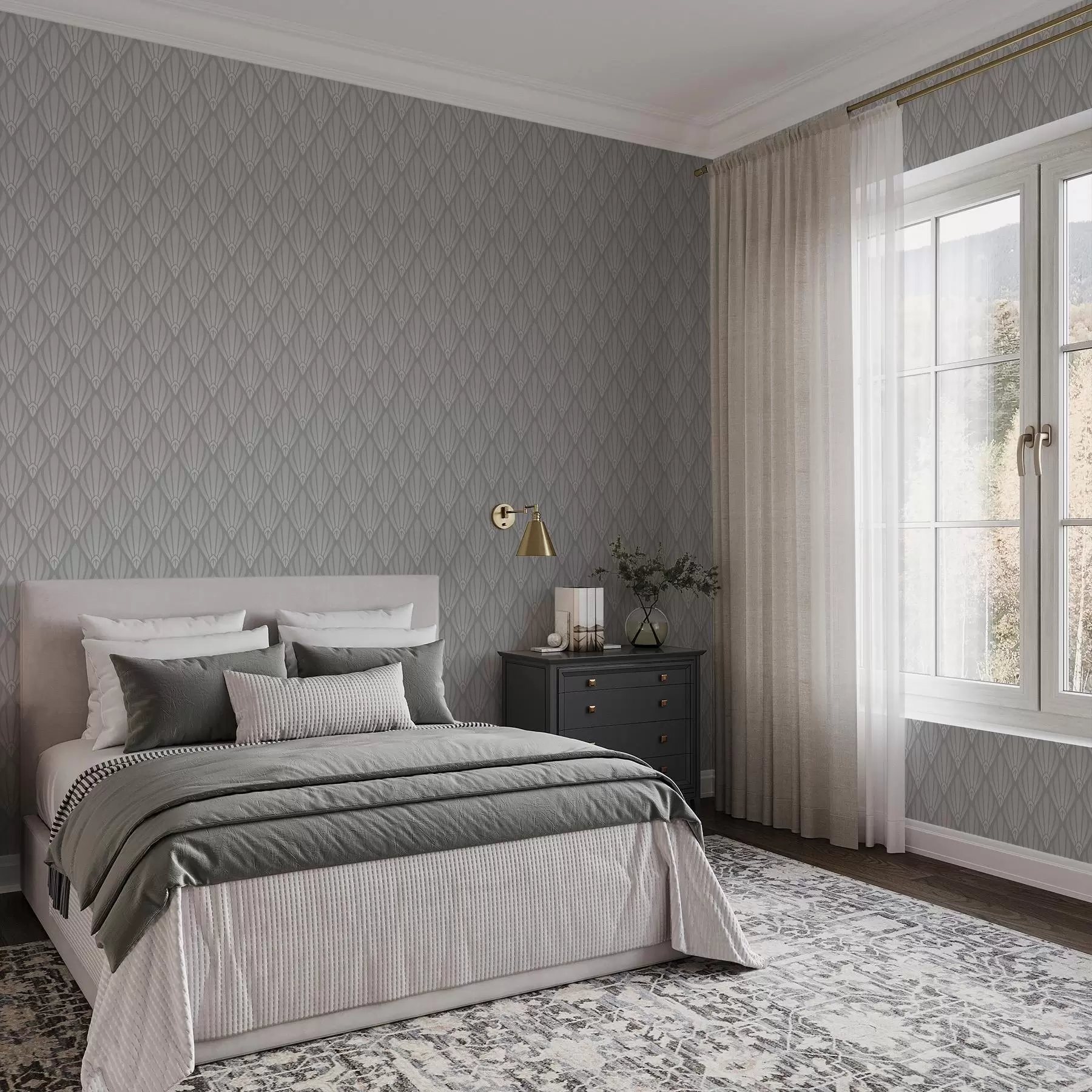 Papier peint Art déco gris avec des formes en éventail a01064