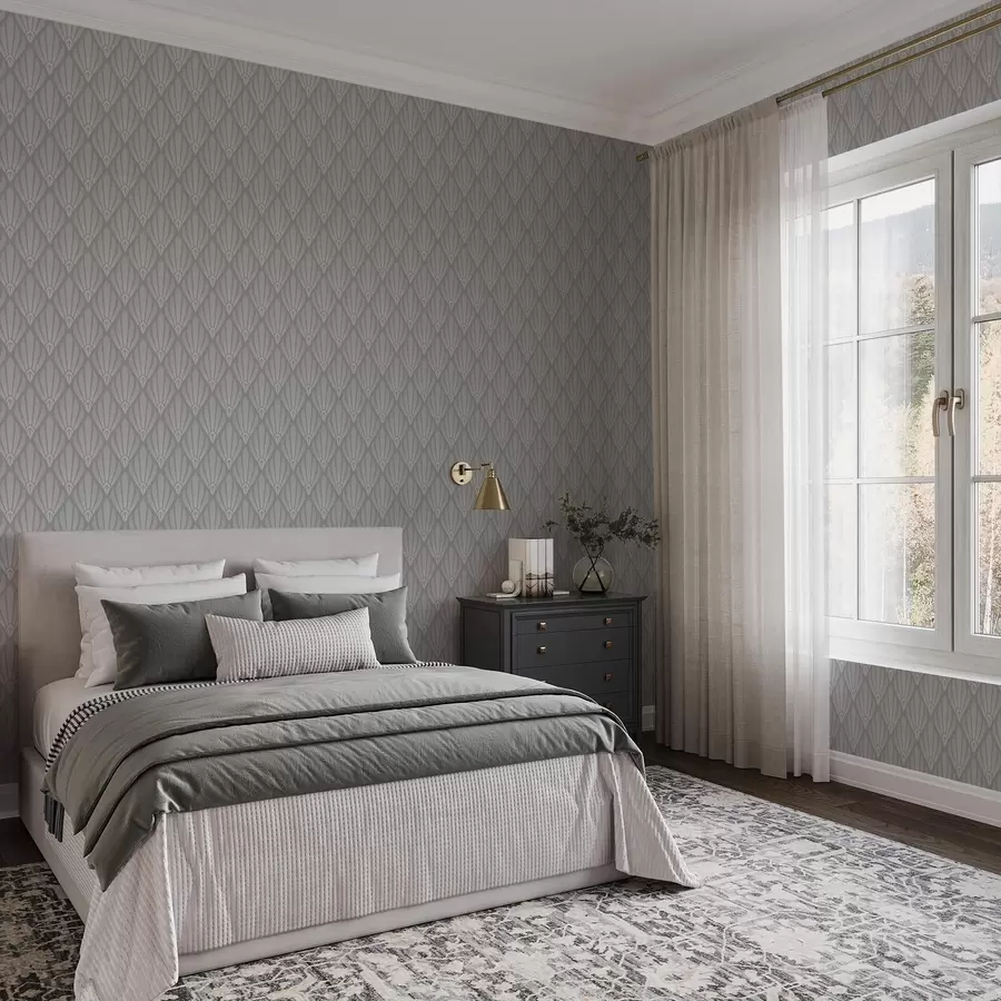 Papier peint Art déco gris avec des formes en éventail a01064