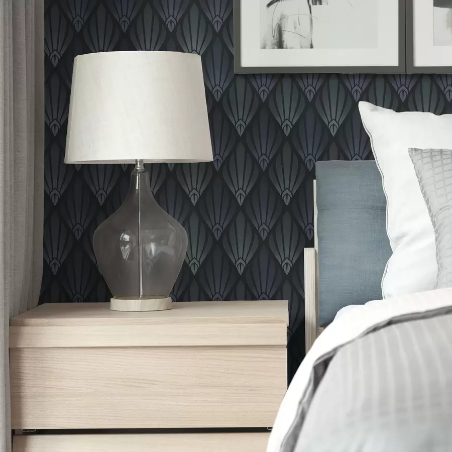 Papier peint Art déco bleu-gris raffiné avec des formes en éventail a01064v3