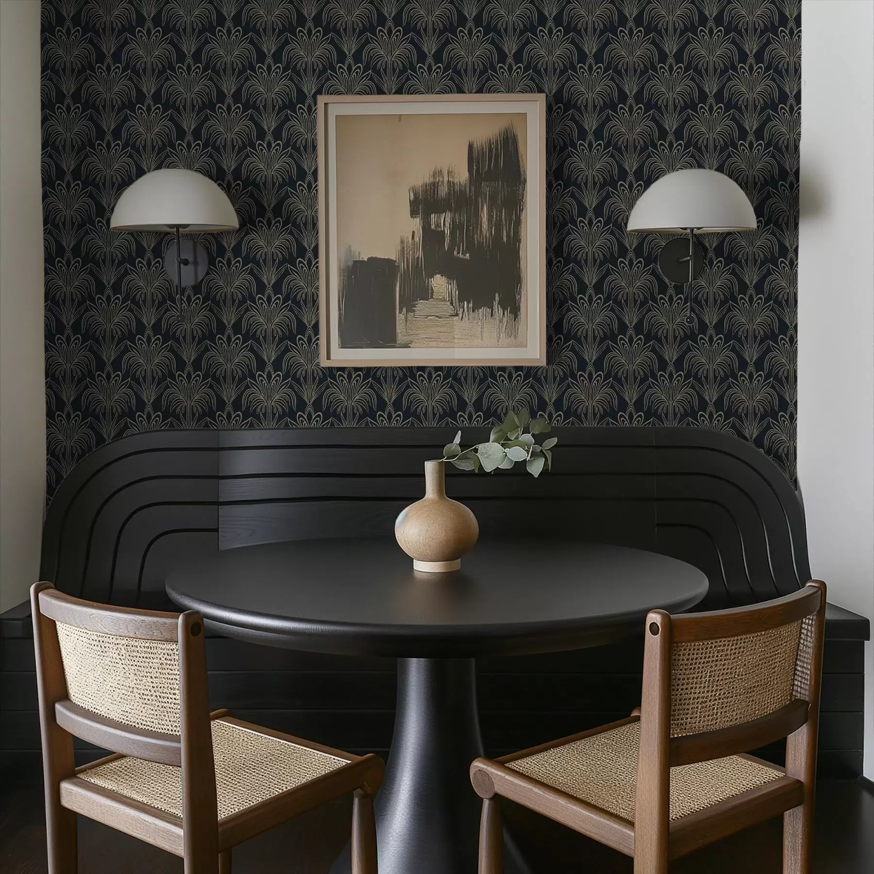 Papier peint Ornement Art déco sombre avec des plantes stylisées a01065