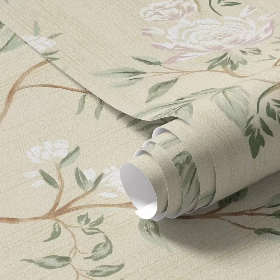 Papier peint Branches délicates ornées de fleurs sur fond crème chaud a01084