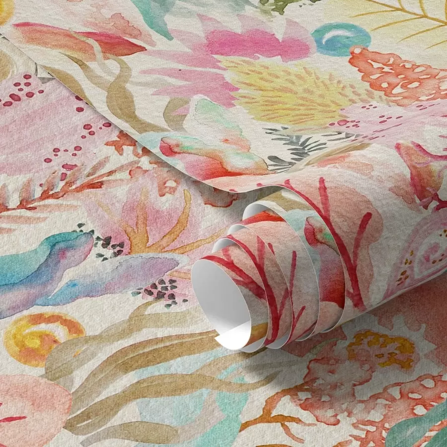 Papier peint Jardin sous-marin aquarellé avec coraux et algues a01083