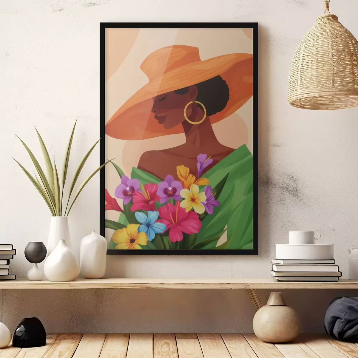 Poster Fille avec un chapeau et des fleurs f46843