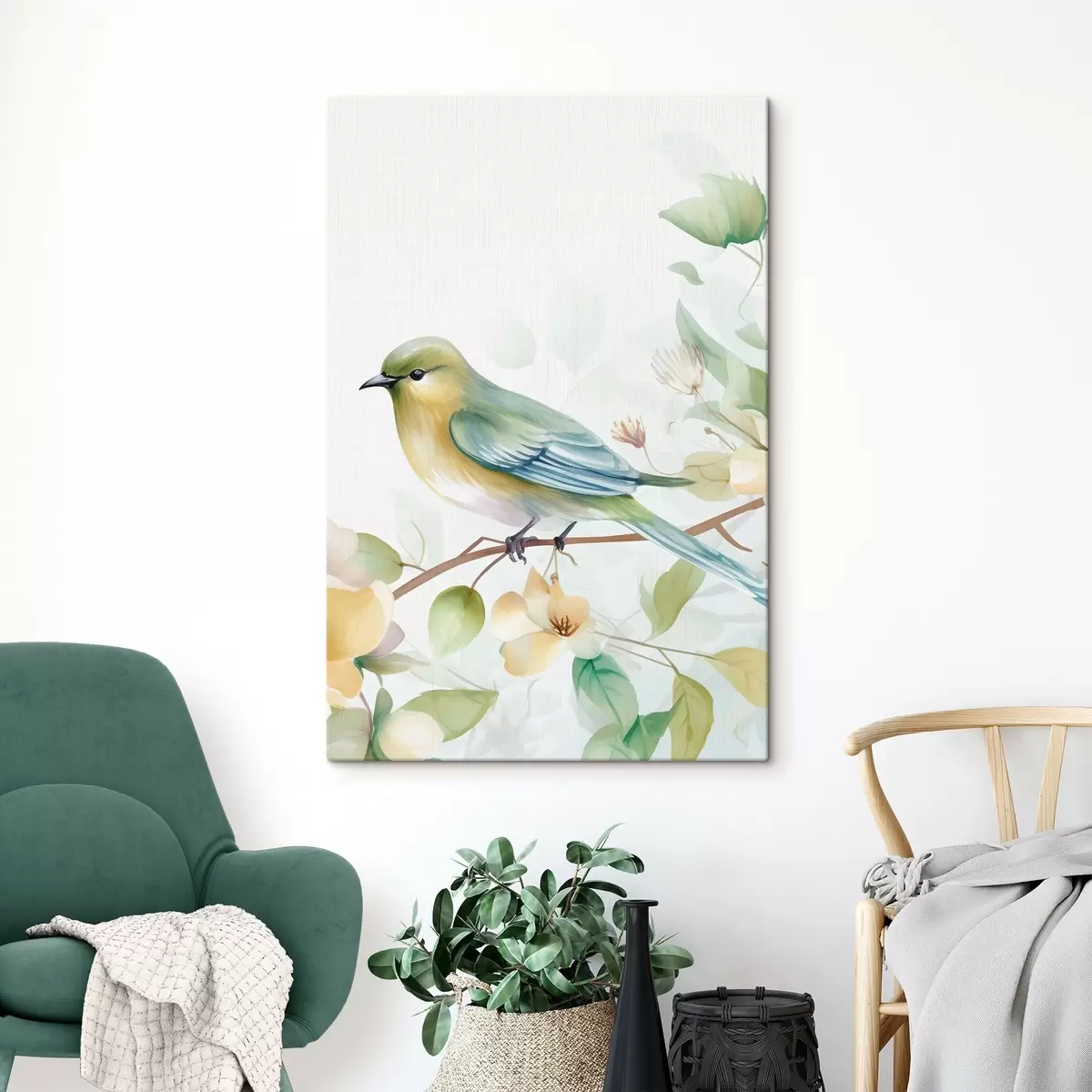 Tableau Mésange sur une branche, imitation aquarelle s46892