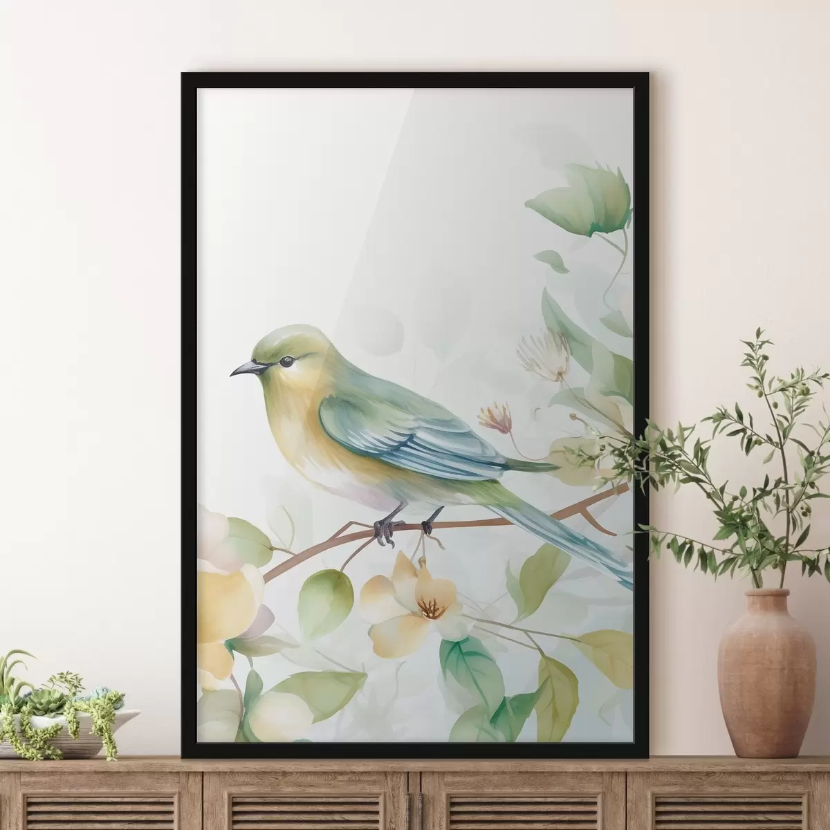 Poster Mésange sur une branche, imitation aquarelle f46892