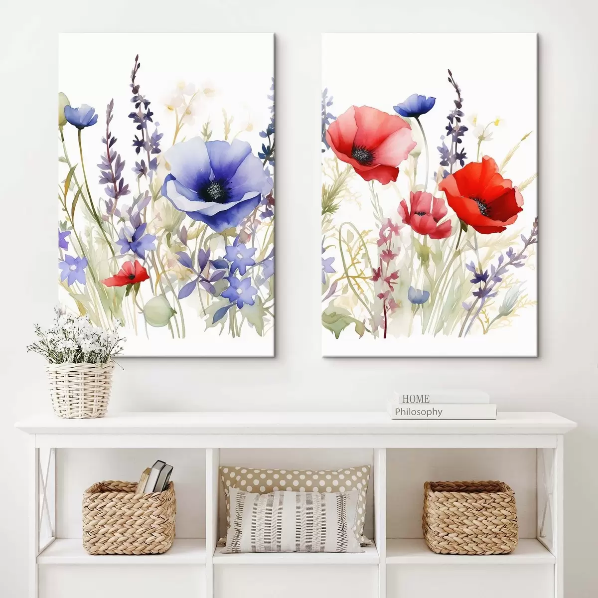 Tableau Coquelicots dans un champ, effet aquarelle m01067