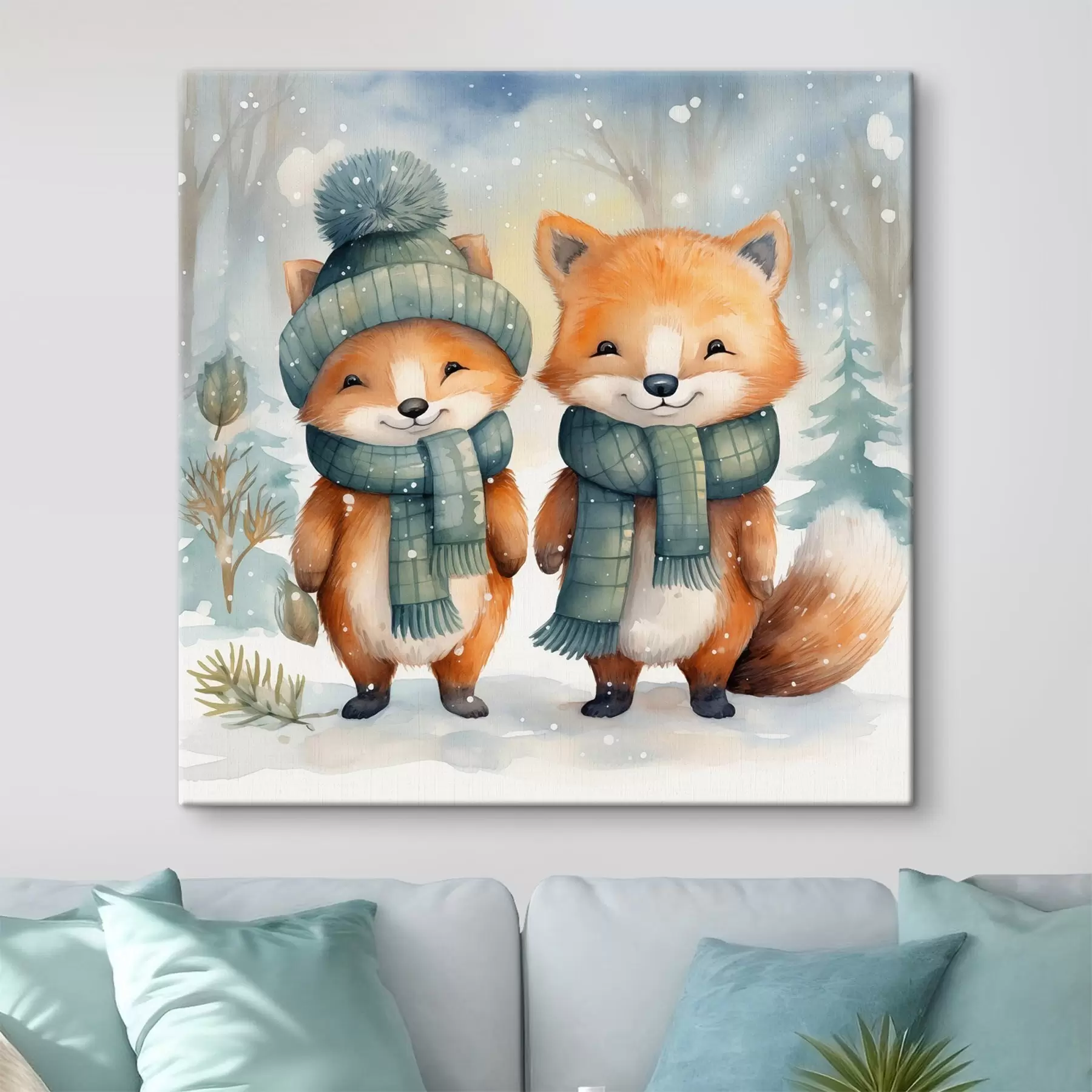 Tableau Deux petits renards, imitation aquarelle s46969
