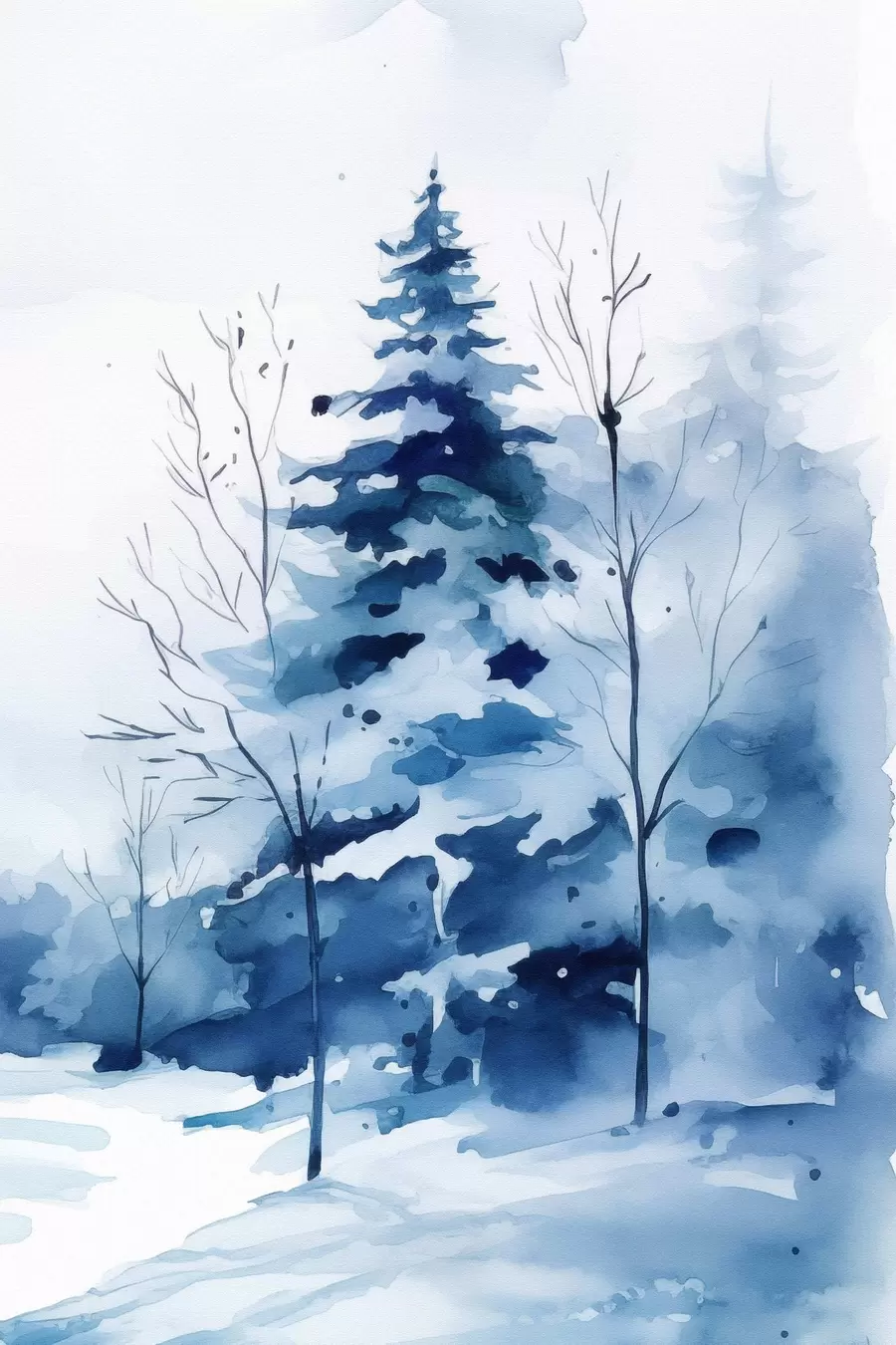 Papier peint Sapin dans une forêt en hiver, imitation aquarelle f46964